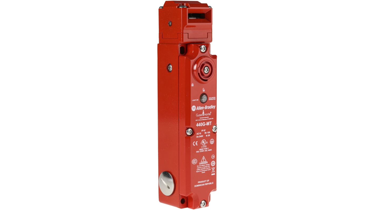 Interruttore di interblocco a solenoide Allen Bradley Guardmaster 440G-MT47013, 110V, IP67, 3NC e 1NA, dimensioni 46.75mm x 40mm x 199mm.