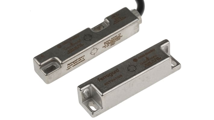 Interruttore di sicurezza magnetico Allen Bradley Guardmaster 440N-G02156, 24V cc, custodia inox, grado di protezione IP67.