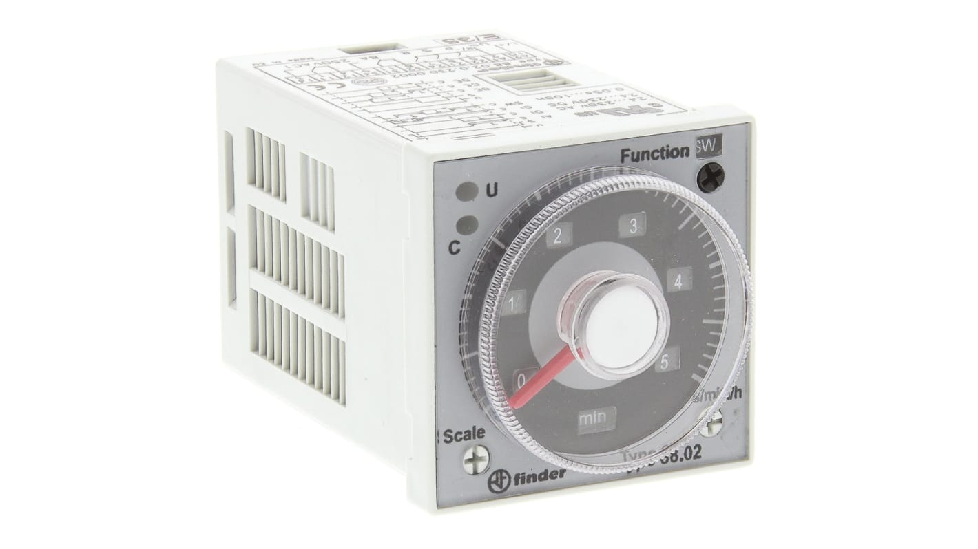 Finder 88.02.0.230.0002, timer multifunzione DPDT per montaggio a pannello, 230 V, 8 A, dimensioni 48 x 48 mm.