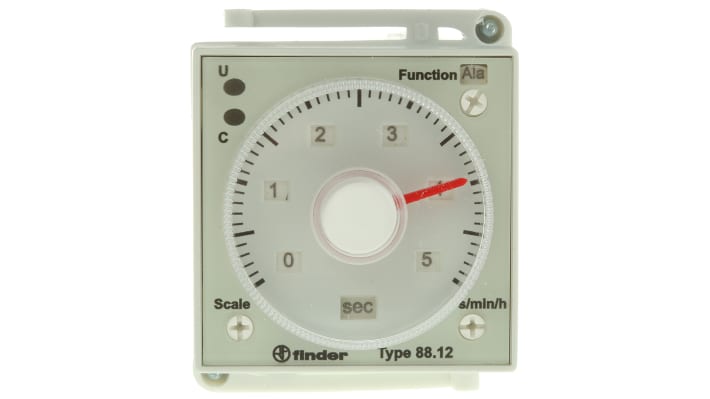 Finder Timer Relay DPDT 230 V c.a., montaggio a pannello, intervallo 0.05-10 min/h, dimensioni 48 x 48 mm.