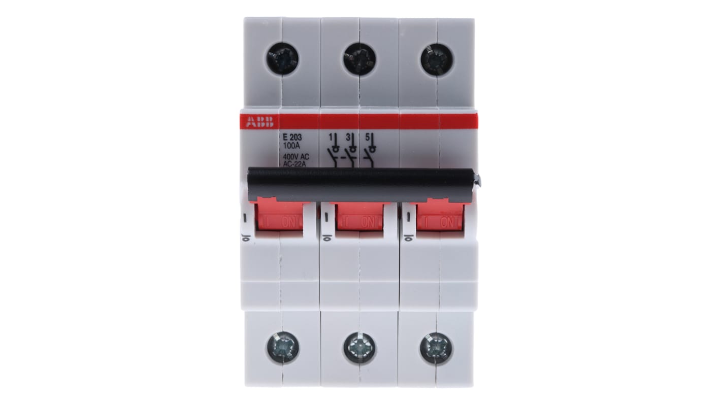 Interruttore magnetotermico ABB 1 polo, 100A, 230V, montaggio su guida DIN, dimensioni 52.5mm x 68mm x 90mm. Codice 2CDE283001R0100 E203/100R.