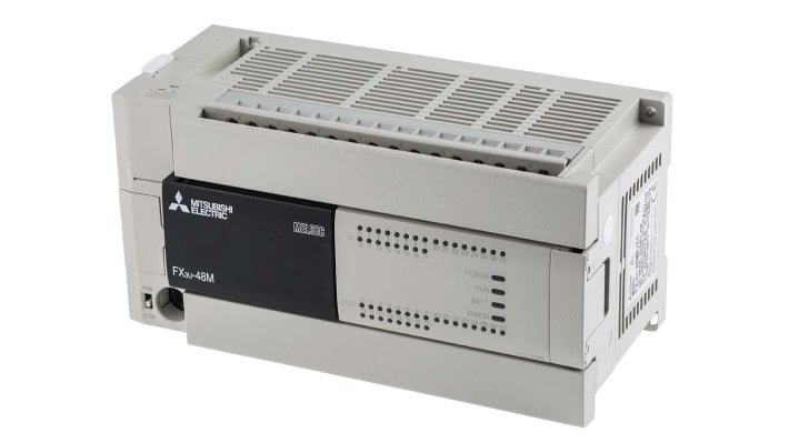 Modulo logico Mitsubishi Electric FX3U-48MR/ES per guida DIN, 24 ingressi/uscite relè, dimensioni 182 x 90 x 86 mm.