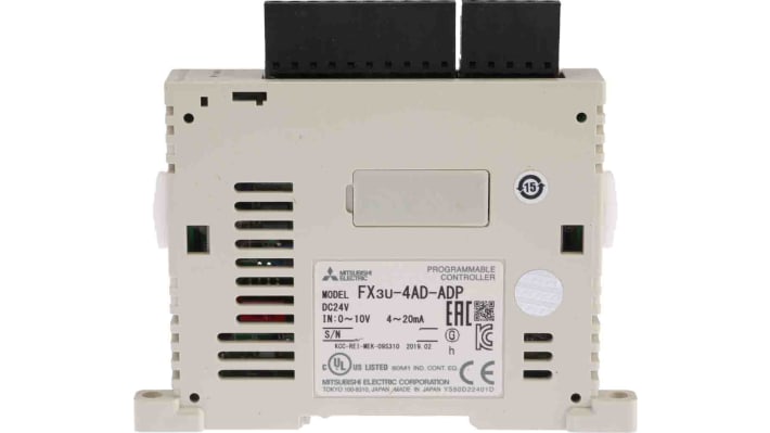 Modulo I/O Mitsubishi Electric FX3U-4AD-ADP, 4 canali analogici 0-10V e 4-20mA, montaggio a sinistra, dimensioni 106 x 17,6 x 89,5 mm.