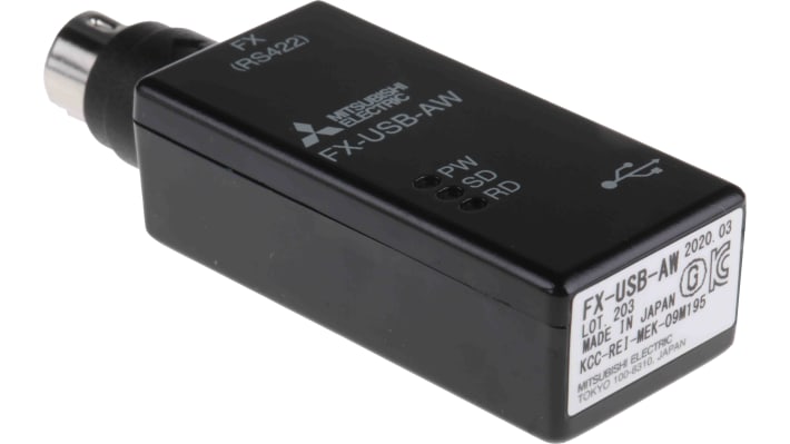 Modulo interfaccia Mitsubishi Electric FX-USB-AW per serie FX3U, convertitore USB a RS422 con LED di stato.