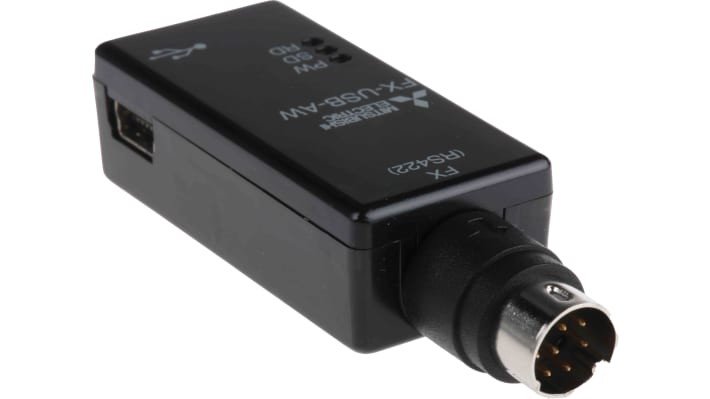 Modulo interfaccia Mitsubishi Electric FX-USB-AW per serie FX3U, convertitore USB a RS422 con LED di stato.