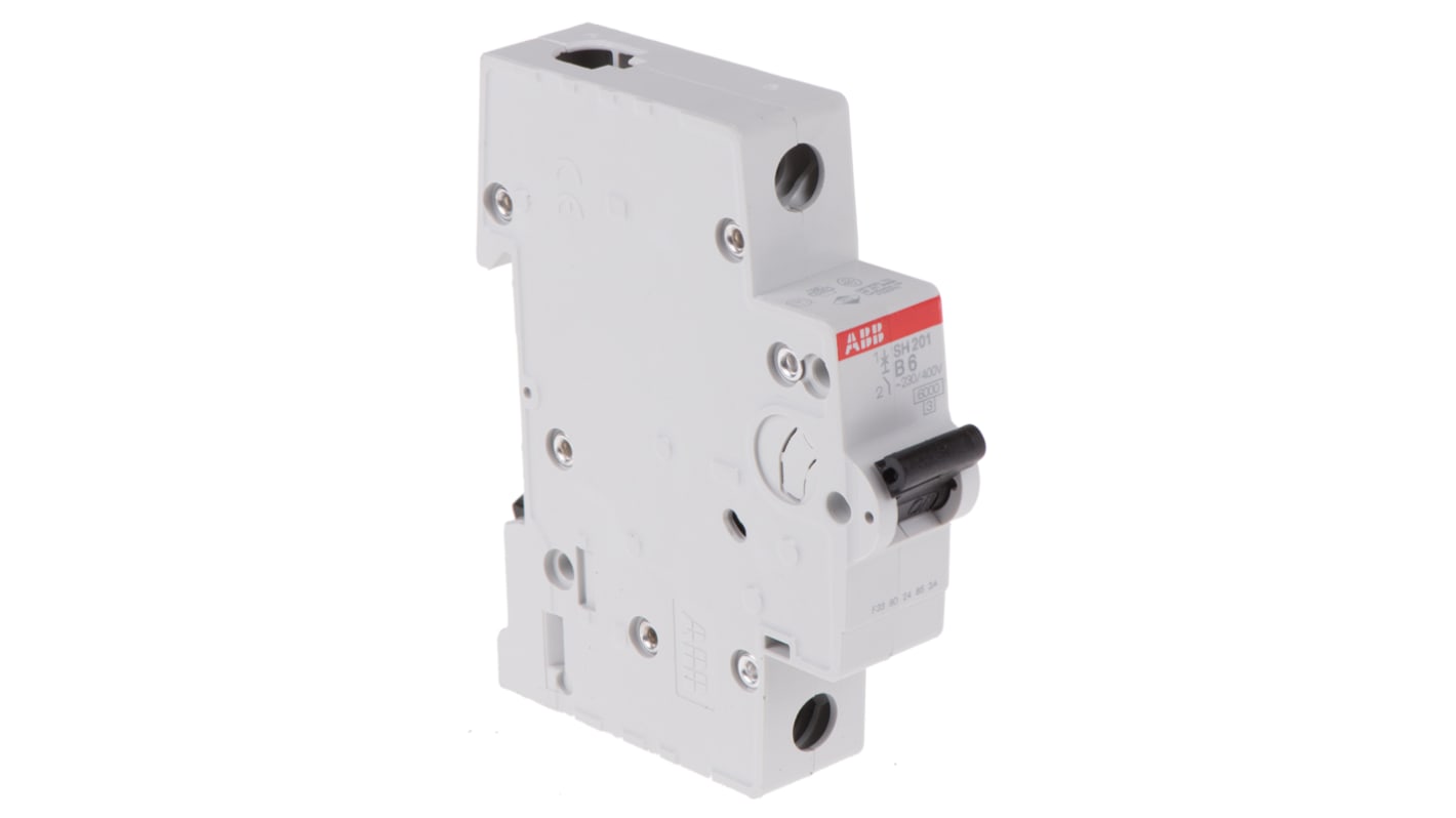 Interruttore magnetotermico ABB Tipo B, 1P 6A, 6 kA, montaggio su guida DIN, dimensioni 17,5 x 85 x 69 mm, grado di protezione IP20.