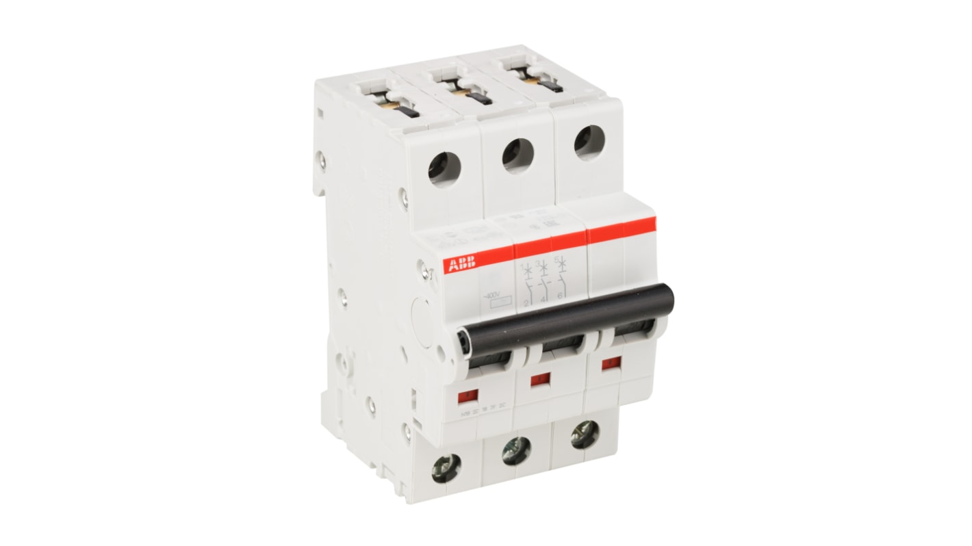 Interruttore magnetotermico ABB SH203-C10, 3 poli, 10A, montaggio su guida DIN, dimensioni 52,5x85x69 mm, grado di protezione IP20.