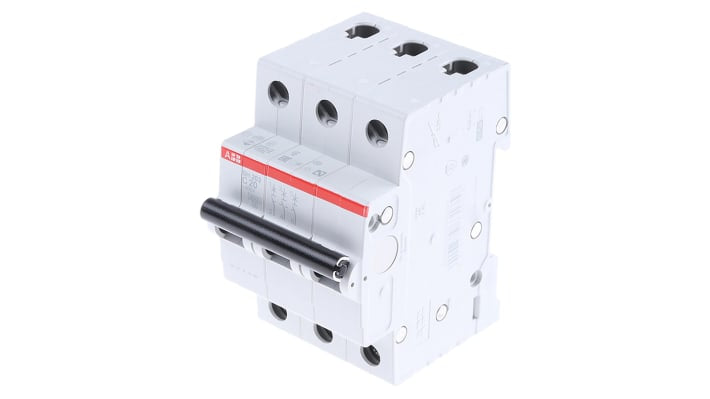 Interruttore magnetotermico ABB SH203-C20, 3 poli, 20A, 440V, montaggio su guida DIN, dimensioni 85x52.5x69mm.