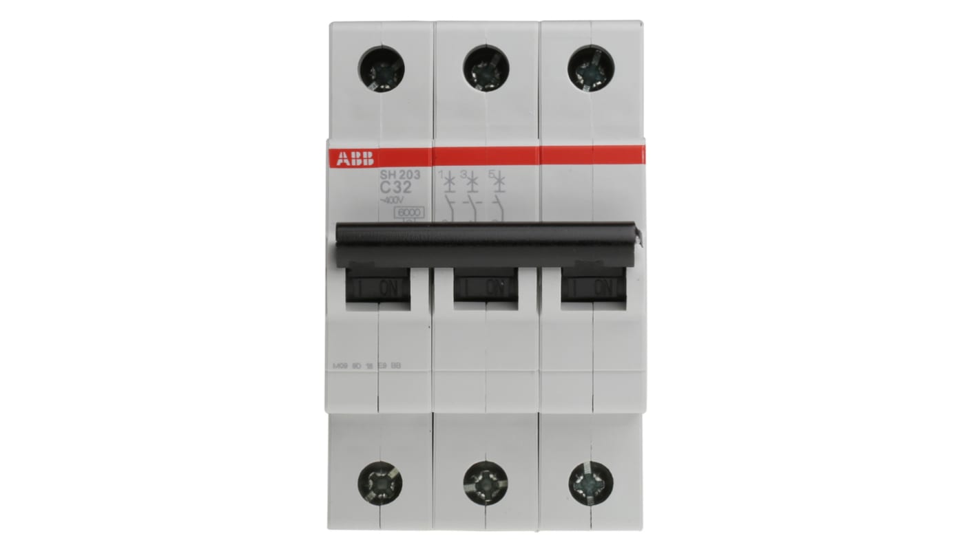 Interruttore magnetotermico ABB SH203-C32, 3 poli, 32 A, Tipo C, montaggio su guida DIN, dimensioni 52,5 x 69 x 85 mm.