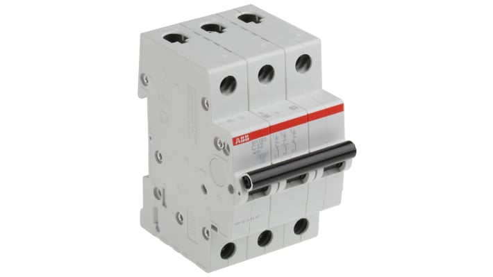 Interruttore magnetotermico ABB SH203-C32, 3 poli, 32 A, Tipo C, montaggio su guida DIN, dimensioni 52,5 x 69 x 85 mm.