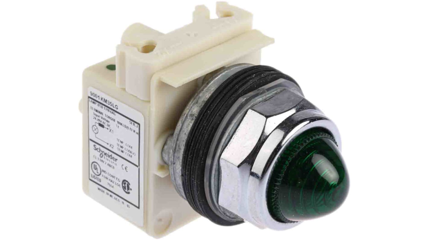 Spia LED verde Schneider Electric, foro 30 mm, IP66, tensione 24 V/120 V, montaggio su base BA9s, serie Harmony 9001K.