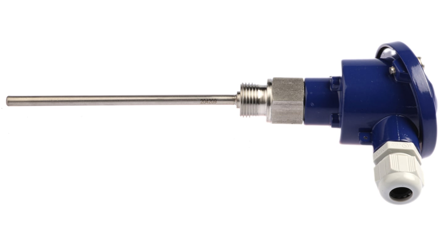 Sensore di temperatura Jumo 902020/25-402-1001-1-6-150-104/395 RTD PT100, lunghezza 150mm, diametro 6mm, max +400°C, testa in alluminio.