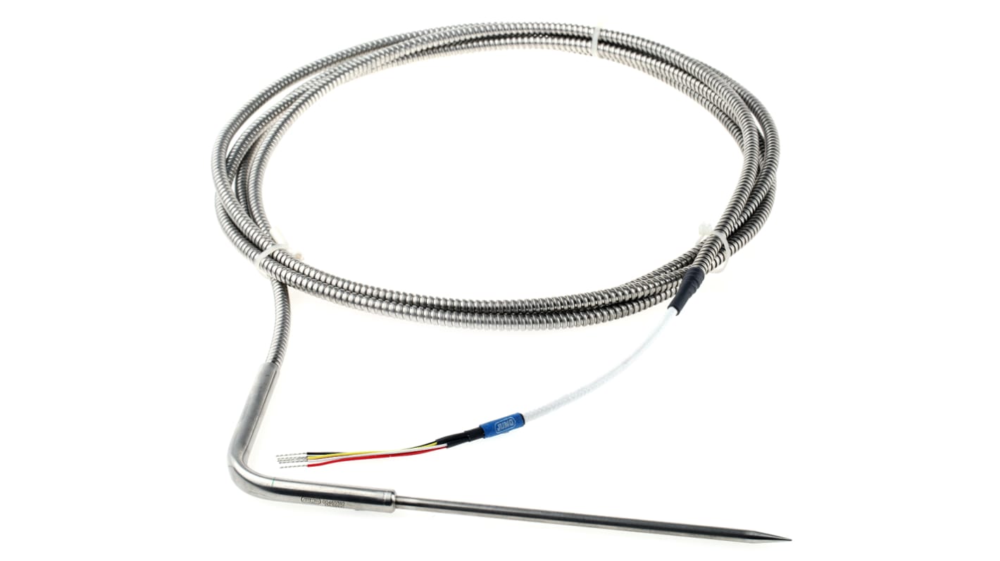 Jumo 902350/34-386-2001-1-5-150-2-04-3100/317, sensore RTD PT100, sonda 150mm, diametro 5mm, acciaio INOX 316, cavo PTFE 3m. Range -50°C/+260°C.