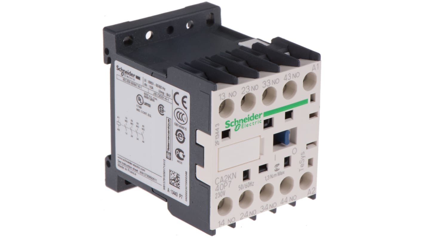 Contattore Schneider Electric CA2KN40P7, 4NO, 10 A, montaggio su guida DIN, dimensioni 58x45x57 mm, grado di protezione IP2x.