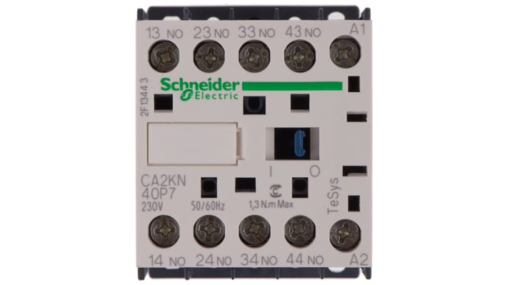 Contattore Schneider Electric CA2KN40P7, 4NO, 10 A, montaggio su guida DIN, dimensioni 58x45x57 mm, grado di protezione IP2x.