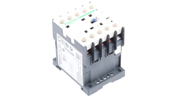 Contattore Schneider Electric CA3KN31BD3, 3NO + 1NC, 10 A, 24 V c.c., montaggio su guida DIN, dimensioni 58x45x57 mm.