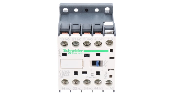 Contattore Schneider Electric CA3KN31BD3, 3NO + 1NC, 10 A, 24 V c.c., montaggio su guida DIN, dimensioni 58x45x57 mm.