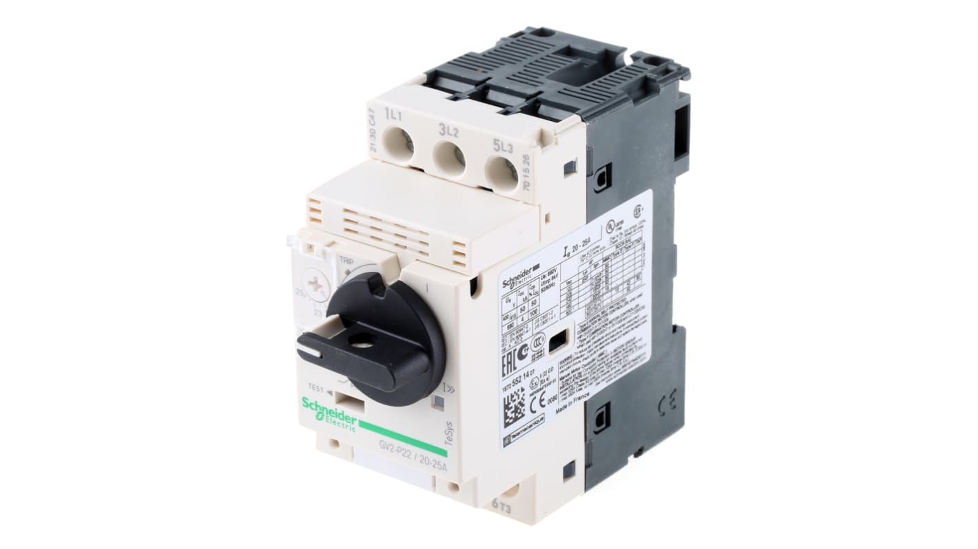 Interruttore automatico del motore Schneider Electric GV2P22, corrente 20-25 A, design compatto 89x44.5x97 mm, montaggio a vite o clip.