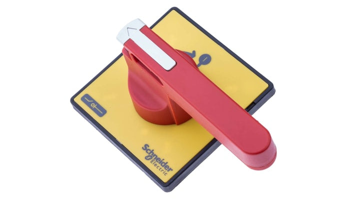 Manopola Rotante Schneider Electric KCF3PZ, Rosso 90mm IP65 per Sezionatore con Interruttore. Ideale per automazione industriale, produzione alimentare e sistemi di sicurezza elettrica.