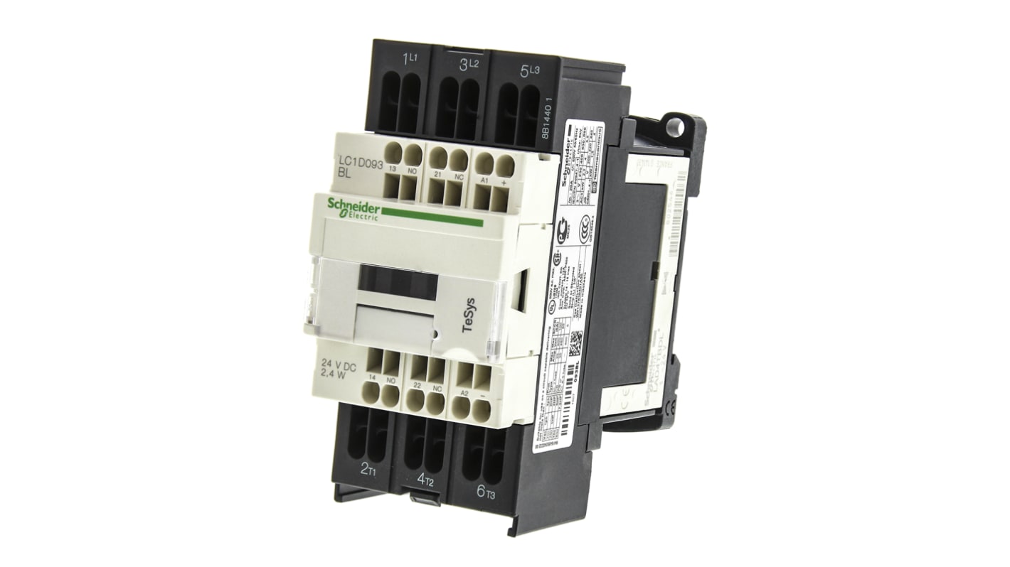 Contattore Schneider Electric LC1D093BL, 3 poli, 3 contatti NA, 9 A, 24 V c.c., dimensioni 45x99x84 mm, montaggio frontale.
