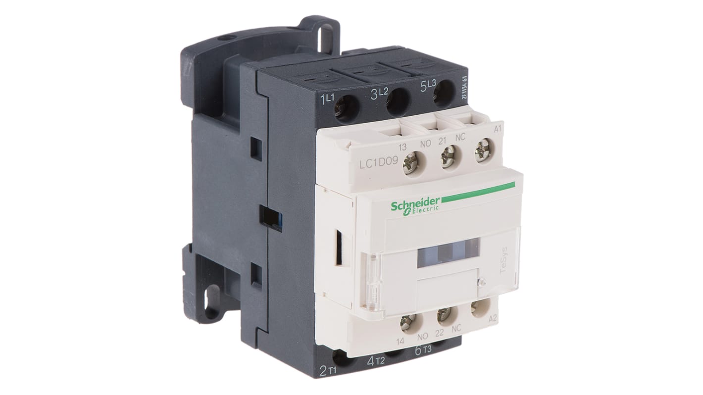 Contattore Schneider Electric LC1D09FE7, 3 poli, 9 A, montaggio su guida DIN, dimensioni 77x45x84 mm, grado di protezione IP20.