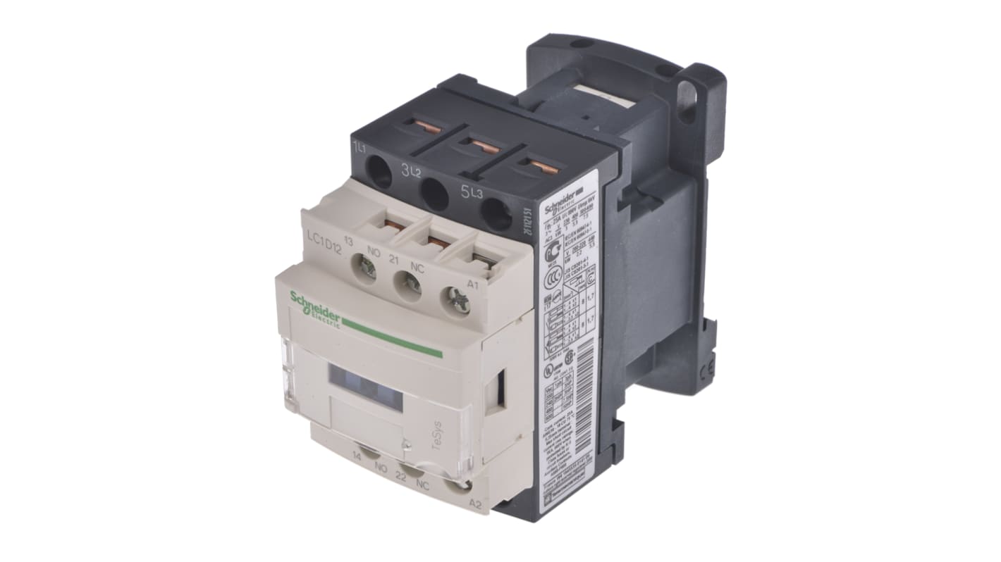 Contattore Schneider Electric LC1D12E7, 3P 12A 5,5kW 48V CA. Ideale per starter motori AC-1 e AC-3. Alta affidabilità e lunga durata.