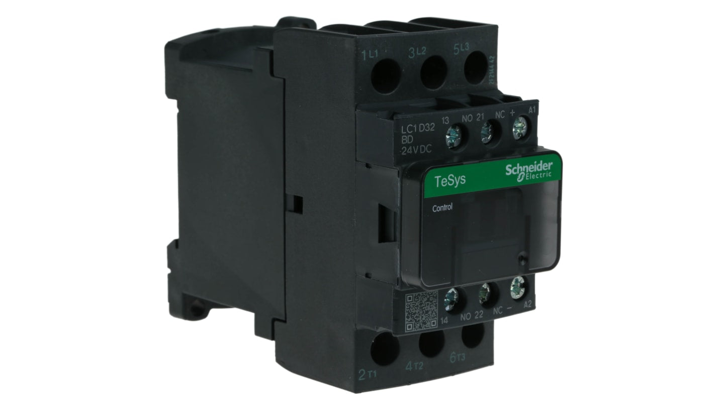 Contattore Schneider Electric LC1D32BD 3 poli 15 kW 32 A 24 V c.c. per sistemi industriali e commerciali. Eco-sostenibile e resistente.