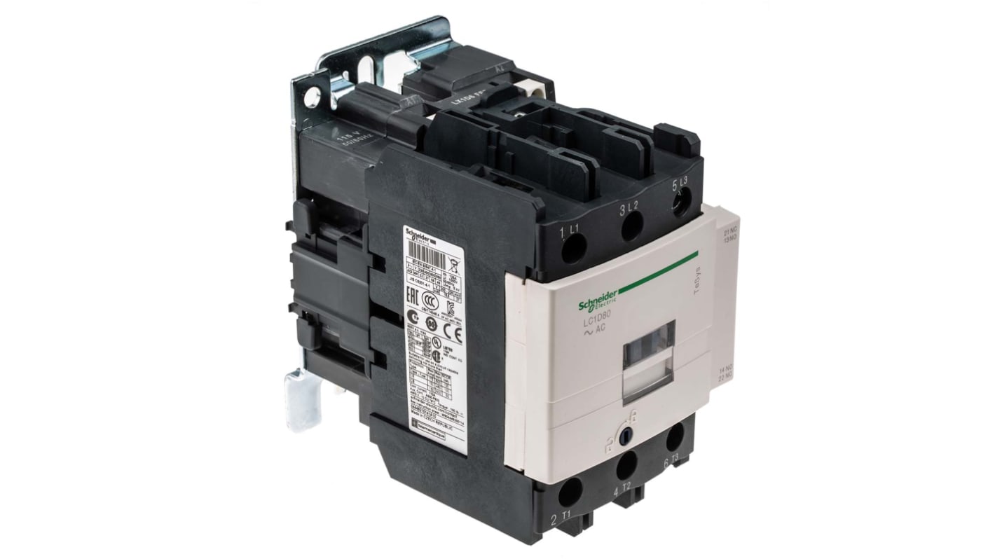 Contattore Schneider Electric LC1D80FE7, 3 poli, 3 NA, 80 A, montaggio su guida DIN, dimensioni 85x127x125 mm.