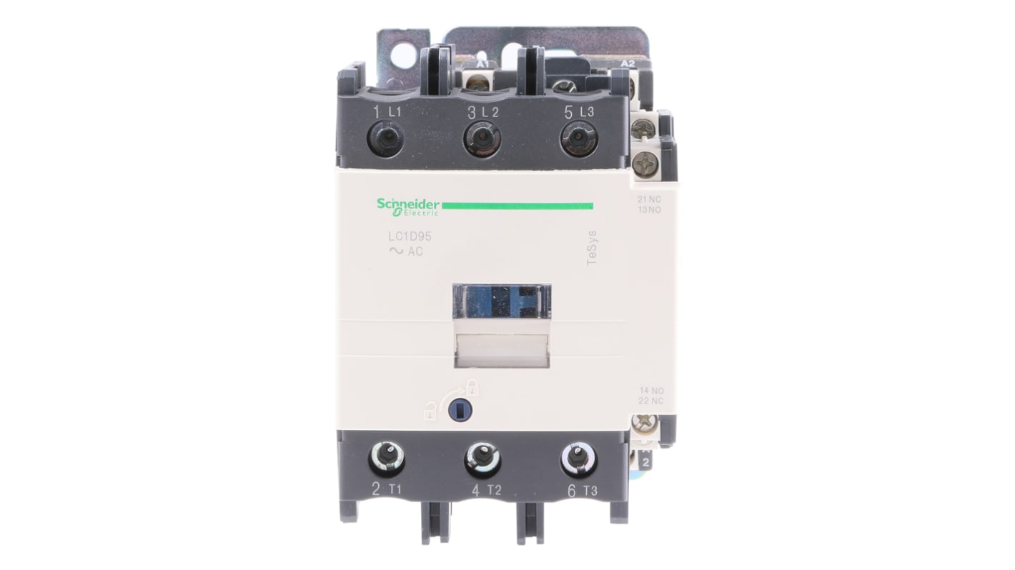 Contattore Schneider Electric LC1D95FE7, 3 poli, 125 A, bobina 115 V c.a., montaggio su guida DIN, dimensioni 127x85x125 mm.