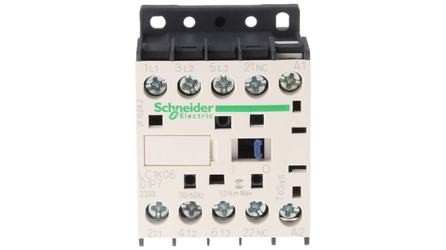 Contattore Schneider Electric LC1K0601P7, 3 poli, 3 NA, 6 A, bobina 230 V, montaggio su guida, dimensioni 58x45x57 mm.