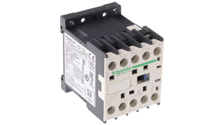 Contattore Schneider Electric LC1K0601P7, 3 poli, 3 NA, 6 A, bobina 230 V, montaggio su guida, dimensioni 58x45x57 mm.
