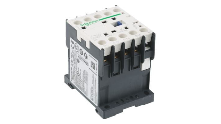 Contattore Schneider Electric LC1K09004B7, 4 poli, 20 A, 690 V c.a., montaggio su guida DIN, dimensioni 58x45x57 mm.