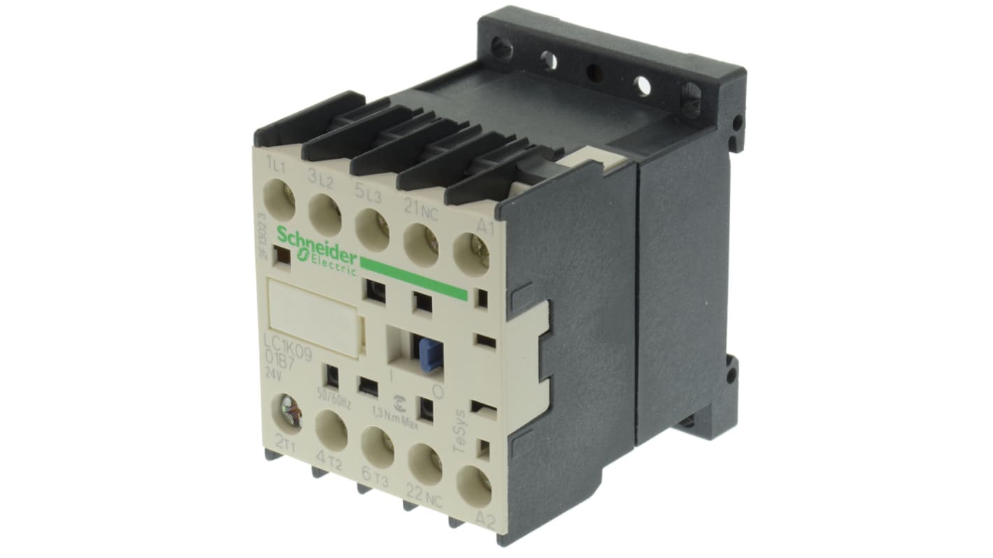 Contattore miniaturizzato Schneider Electric LC1K0901B7, 3 poli 9A 24V c.a. per applicazioni AC-3. Alta affidabilità e facile installazione.