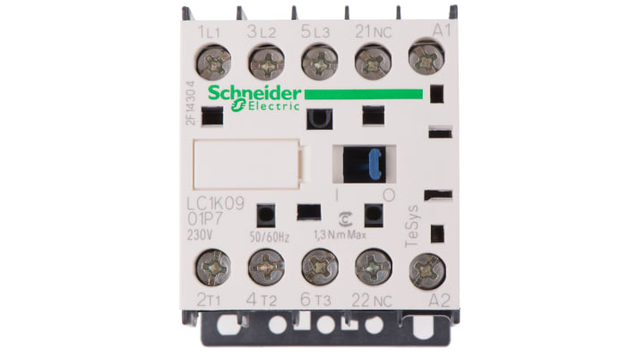 Contattore Schneider Electric LC1K0901P7, 3P 9A 230V CA. Ideale per carichi elevati come motori industriali. Alta affidabilità e qualità.