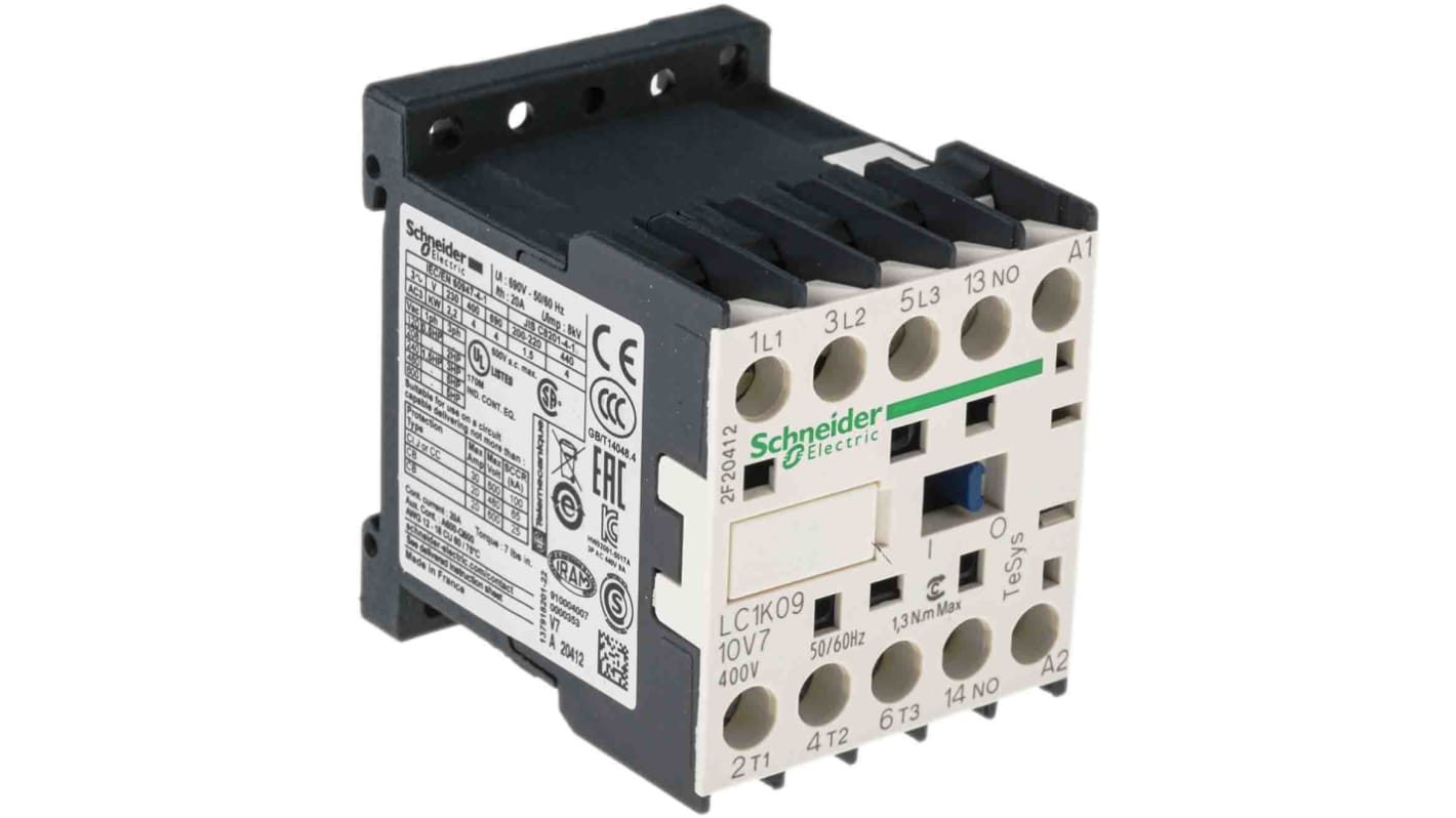 Contattore Schneider Electric LC1K0910V7, 3 poli, 9 A, bobina 400 V c.a., dimensioni 45x58x57 mm. Certificato CSA e UL.