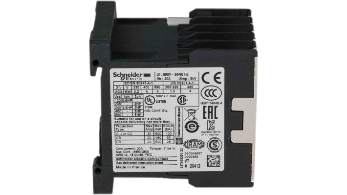 Contattore Schneider Electric LC1K0910V7, 3 poli, 9 A, bobina 400 V c.a., dimensioni 45x58x57 mm. Certificato CSA e UL.