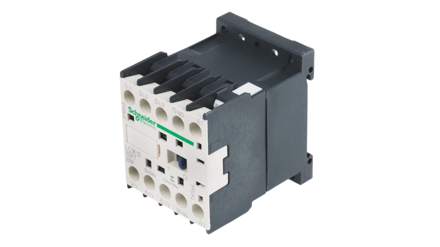 Contattore Schneider Electric LC1K1210P7, 3 poli, 12 A, 230 V c.a., montaggio a vite, dimensioni 58x45x57 mm.