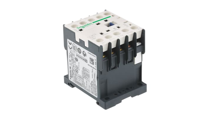 Contattore Schneider Electric LC1K1210P7, 3 poli, 12 A, 230 V c.a., montaggio a vite, dimensioni 58x45x57 mm.