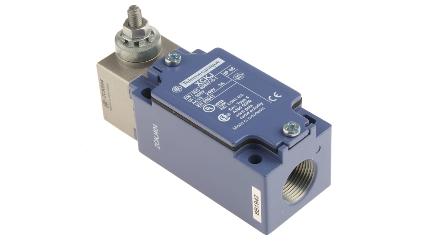 Interruttore di fine corsa Telemecanique Sensors ZCKJ404, metallo, Classic XCK J, 2NA, 2NC, 240V, 10A, IP65. Ideale per applicazioni industriali.