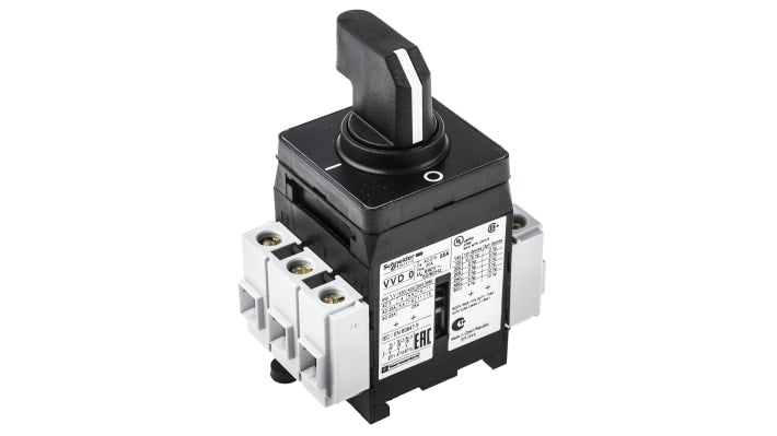 Interruttore di isolamento Schneider Electric VVD0, 3 poli, 25A, montaggio a pannello, dimensioni 74mm x 45mm x 106mm.