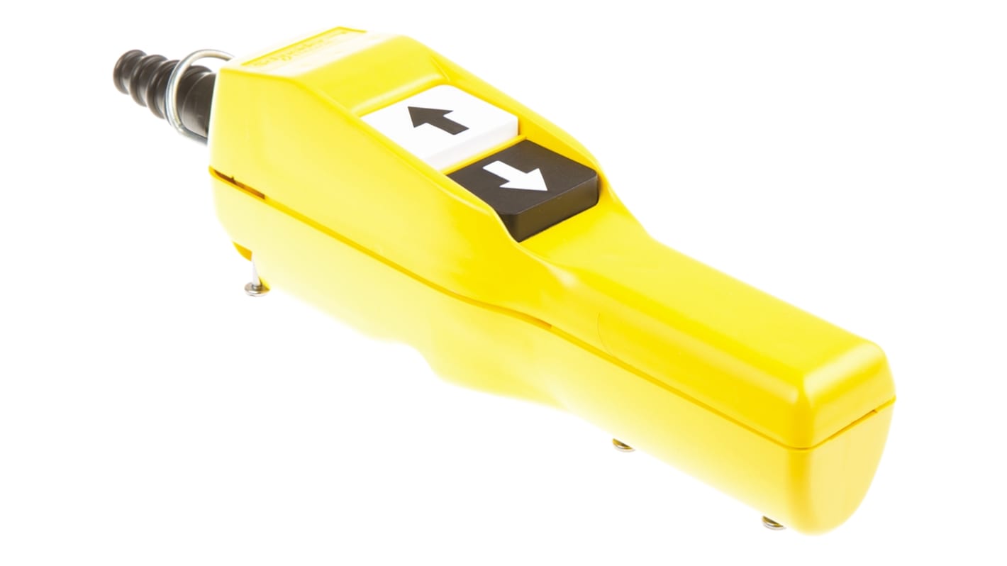 Stazione Pensile Pulsante XACA201 - Schneider Electric. SPST, IP65, A vite, -25°C / +70°C, Giallo, 2 pulsanti, Nero/Bianco, 600V. Ideale per macchinari industriali.