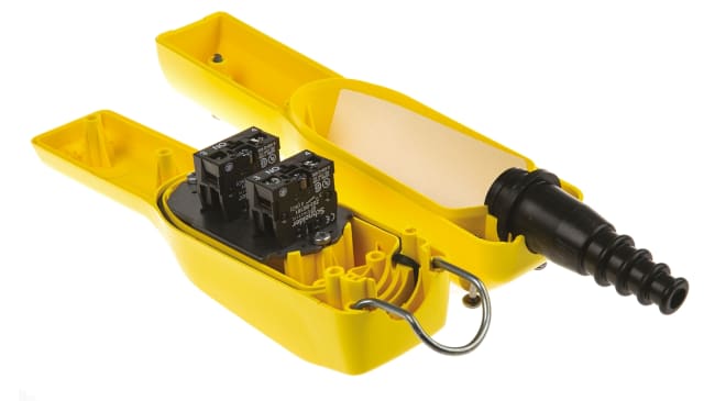 Stazione Pensile Pulsante XACA201 - Schneider Electric. SPST, IP65, A vite, -25°C / +70°C, Giallo, 2 pulsanti, Nero/Bianco, 600V. Ideale per macchinari industriali.