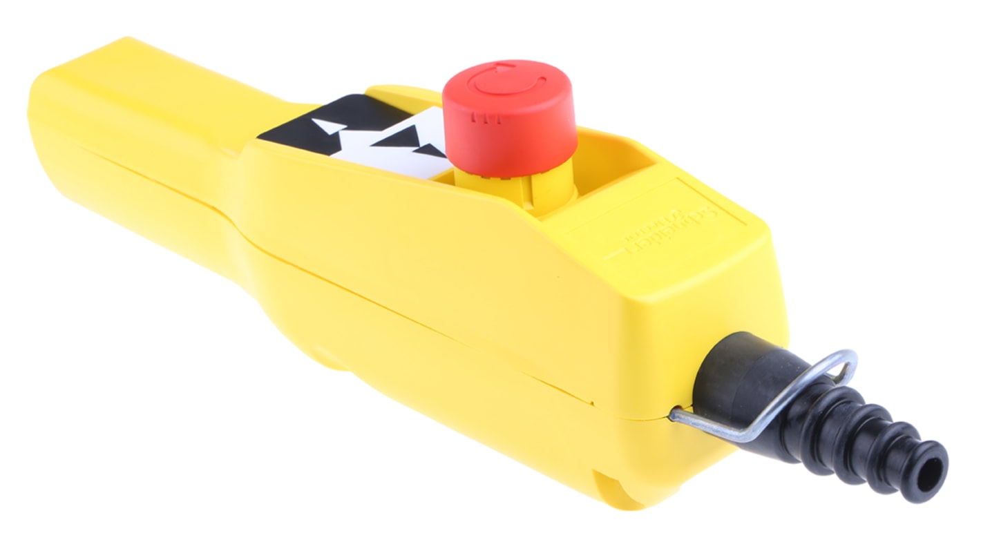 Stazione pendente a pulsante XACA2073 di Schneider Electric, 4 CO, IP65, A vite, -25°C / +70°C, giallo, 3 pulsanti, E-Stop, 3A, 600V. Ideale per il controllo di macchinari industriali.