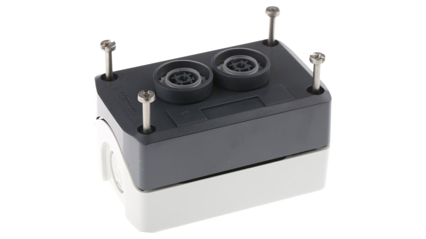 Scatola pulsante Schneider Electric XALD222E, IP66/IP67/IP69K, attuazione a molla, dimensioni 106x68x62mm, materiale policarbonato.