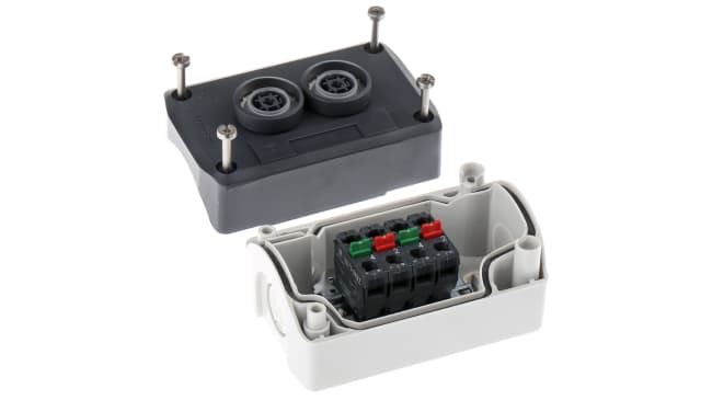 Scatola pulsante Schneider Electric XALD222E, IP66/IP67/IP69K, attuazione a molla, dimensioni 106x68x62mm, materiale policarbonato.