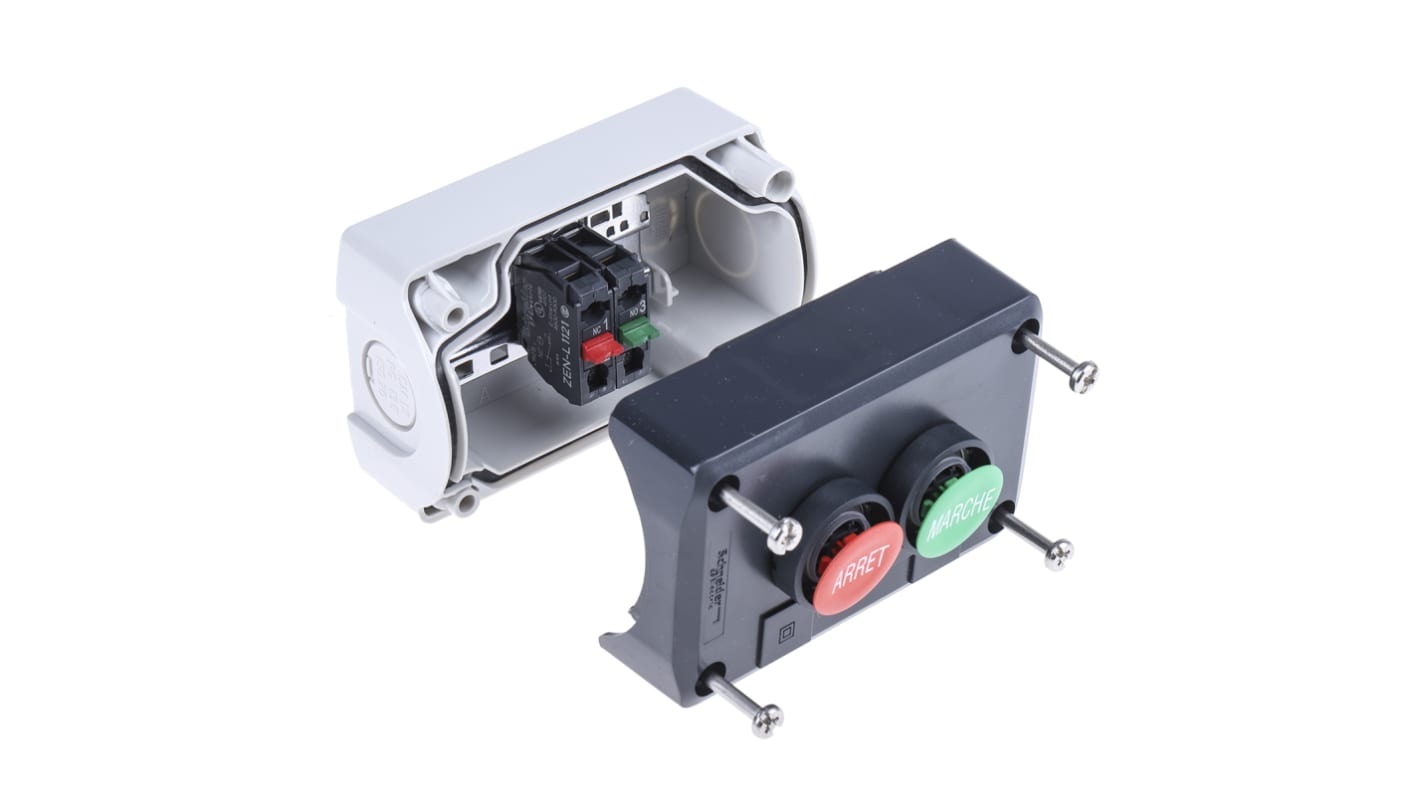 Scatola pulsante Schneider Electric XALD224, IP66/IP67/IP69K, 10A, 600V, policarbonato, dimensioni 106x68x62mm, colore grigio scuro.