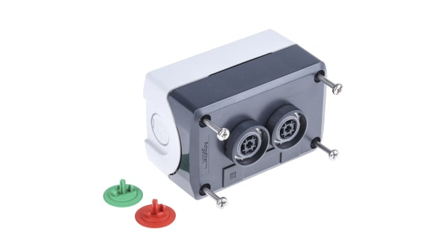 Scatola pulsante Schneider Electric XALD224, IP66/IP67/IP69K, 10A, 600V, policarbonato, dimensioni 106x68x62mm, colore grigio scuro.