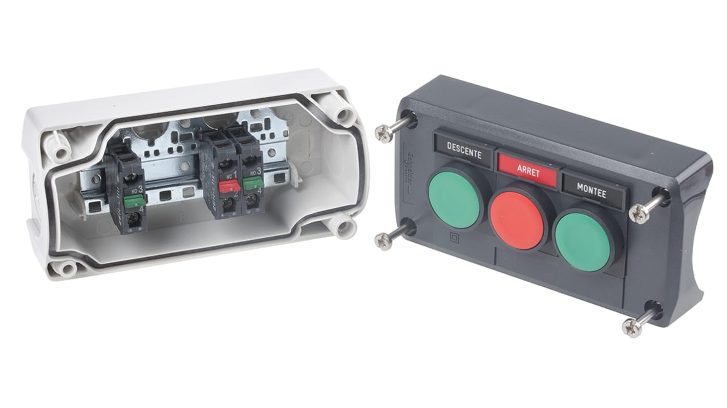 Scatola pulsante Schneider Electric XALD321, IP66/IP67/IP69K, 10A, 600V, policarbonato, dimensioni 104x68x62mm.