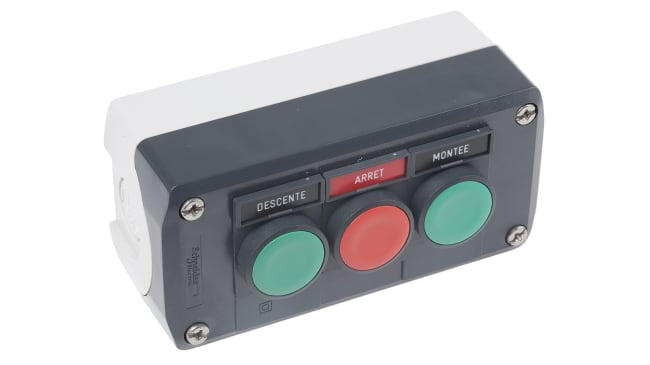 Scatola pulsante Schneider Electric XALD321, IP66/IP67/IP69K, 10A, 600V, policarbonato, dimensioni 104x68x62mm.