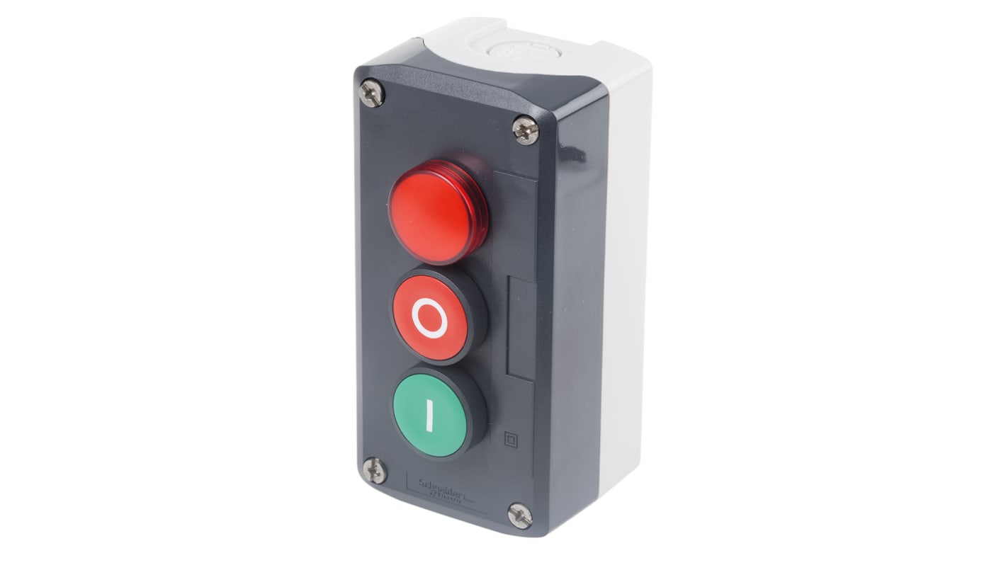 Scatola pulsante Schneider Electric XALD363B, IP66/IP67, attuazione a molla, pulsanti verde e rosso, dimensioni 106 x 68 x 62 mm.